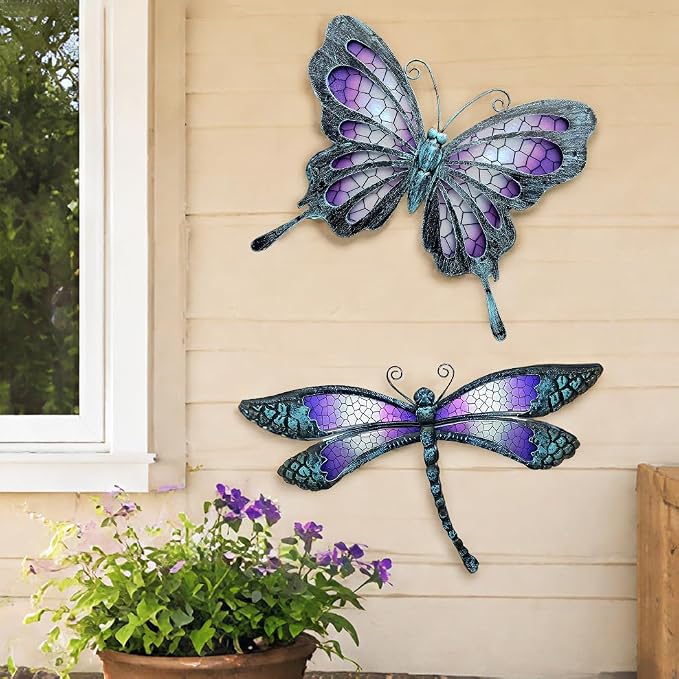 Metal Butterfly & Dragonfly Outdoor Wall Decor Art Set of 2 | Glass & metal wall sculptures, metal wall art for garden fence patio yard bedroom