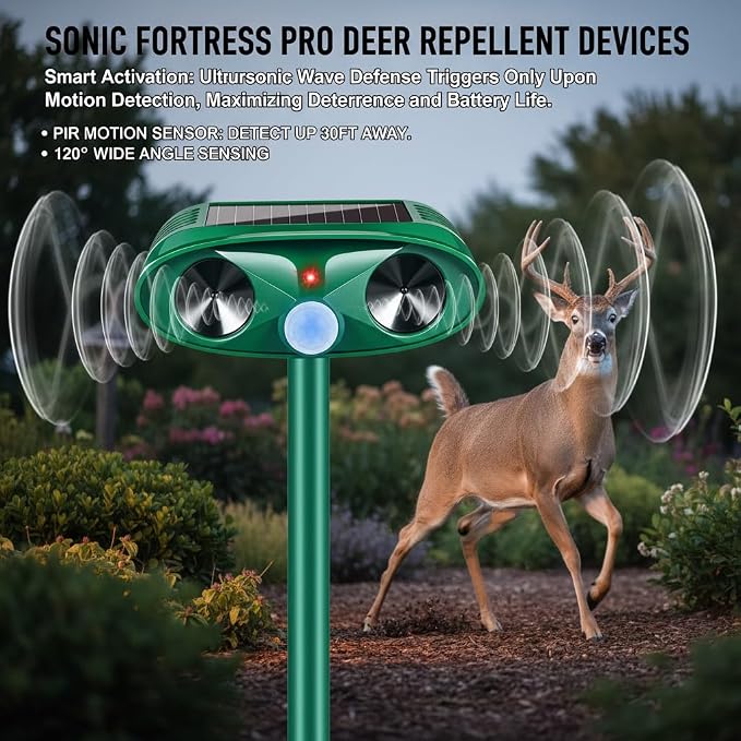 Ultrasonic Deer Repellent Device for Plants Garden Solar Animal Repellent Outdoor with Motion Activated for Rabbit Cat Deterrent Raccoon Squirrel Fortress Pro Keep Pest Out of Yard,2 Pack