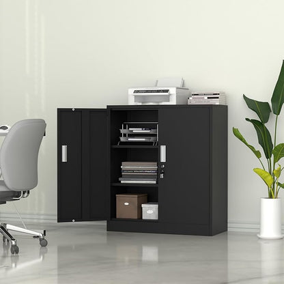 Metal Storage Cabinet with Locking Doors and 2 Adjustable Shelves, Small Lockable Steel Storage Cabinets for Home Office Garage Kitchen Pantry (Black)
