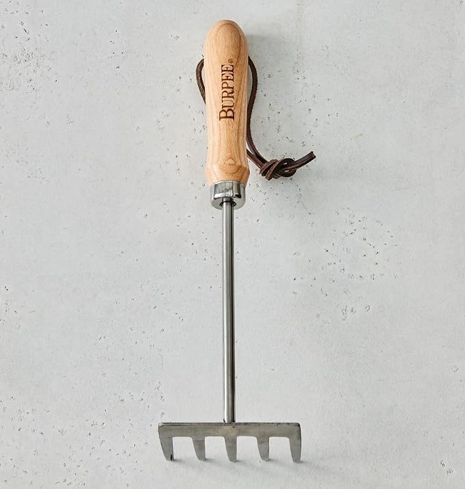 Burpee 11" Stainless Steel Tine Cultivator Durable Long Lasting Garden Tool Leather Wrist Strap Rake, 10 Year Warranty, Oak