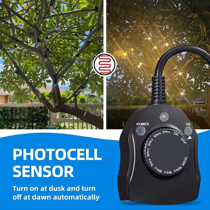 Outdoor Timer Outlet Waterproof, Dusk to Dawn Light Sensor Timer, 2 Grounded Electrical Outlets for Outdoor Lights, 15A/1875W, ETL Listed (1 Pack)