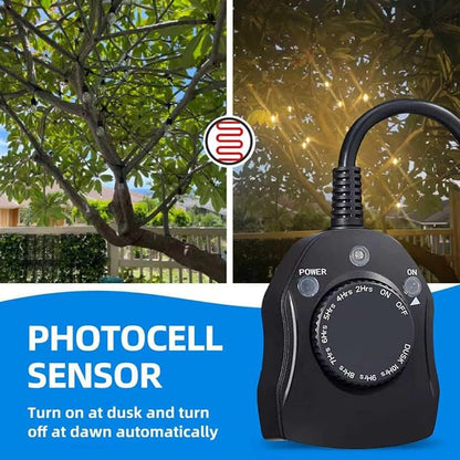 Outdoor Timer Outlet Waterproof, Dusk to Dawn Light Sensor Timer, 2 Grounded Electrical Outlets for Outdoor Lights, 15A/1875W, ETL Listed (1 Pack)
