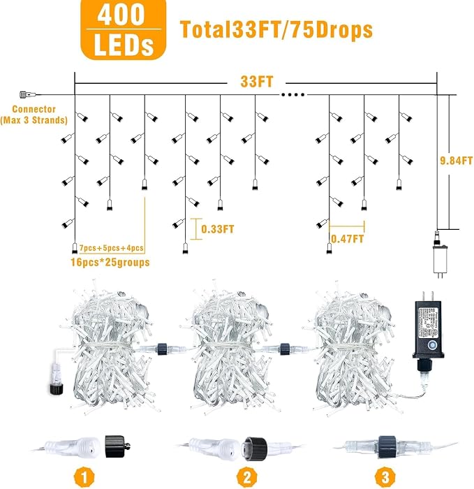 33ft Icicle Lights for Outside, Blue and White Christmas Lights Outdoor Indoor, 400 LED Twinkle String Light with 75 Drops Short Curtain Light for Thanksgiving Room Home Wall Bedroom Window Decoration
