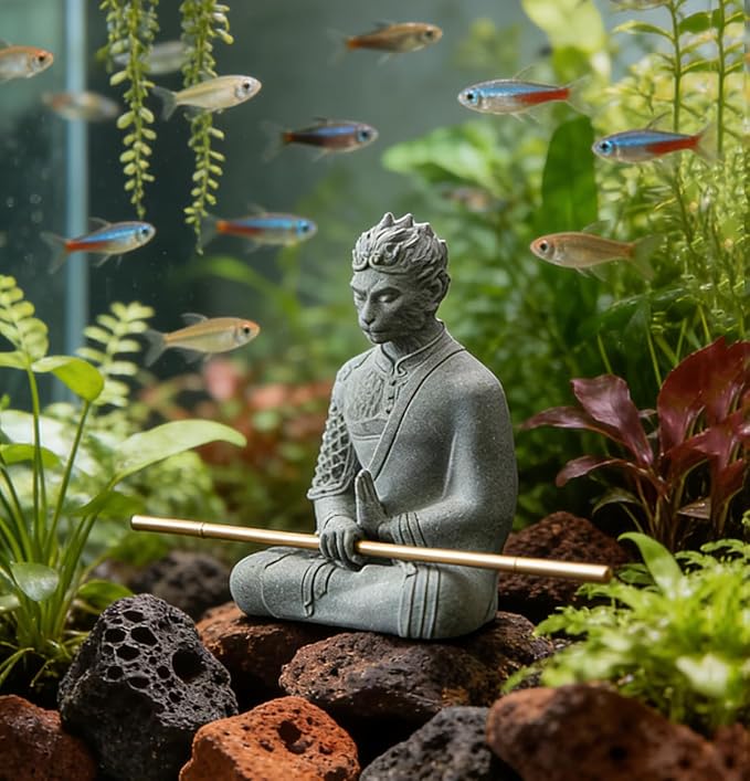 livelyfish Aquarium Sun Wukong Statue Monkey Kings Buddha Statues Zen Sandstone Figurines for Fish Tank Garden Aquarium Decor (Grey)