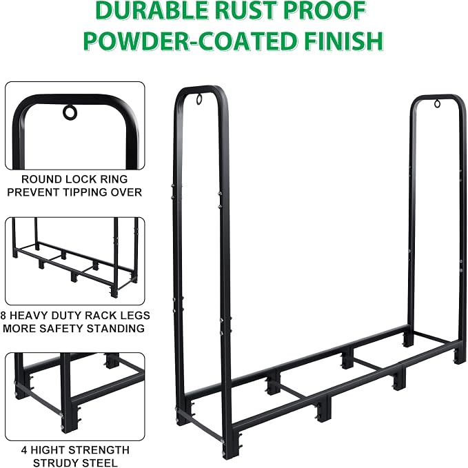 CONNOO 4ft Firewood Rack Stand Heavy Duty Firewood Log Rack Holder Fireplace Wood Storage Holder for Indoor Outdoor Metal Pile Log Stand Stacker Holder, Matte Black Shelves for storage