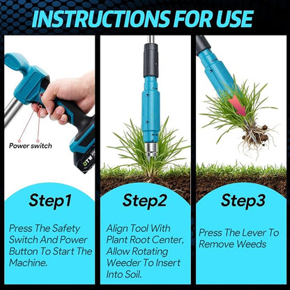 Electric Stand Up Weed Puller Tool, 21V Battery Powered w/2pcs 1500mAh with 1500 RPM High-Torque Motor, Heavy Duty Battery Powered Garden Weeder 3-Claw Steel Head for Dandelion Lawn Garden Yard, Blue