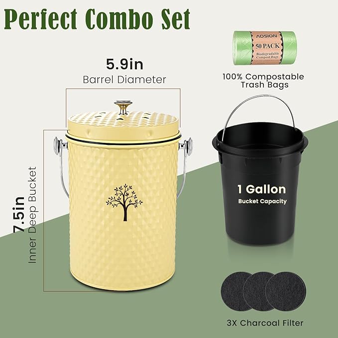 AOSION Countertop Kitchen Odorless Compost Bin with Removable Inner Bucket | 1 Gallon Composter Container,Includes 50 Compost Bags,2 Carbon Filters,Compost Bucket, ideal for food scraps,coffee grounds