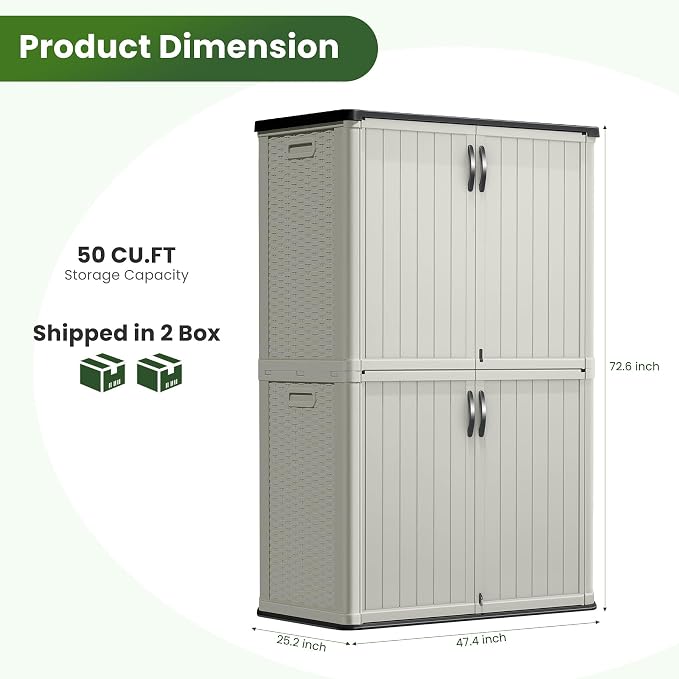Greesum Outdoor Storage Shed Without Divider, 50 cu.ft Outdoor Waterproof Storage Cabinet for Garden Tools, Garbage Cans, Pool Storage, Beige