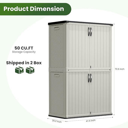 Greesum Outdoor Storage Shed Without Divider, 50 cu.ft Outdoor Waterproof Storage Cabinet for Garden Tools, Garbage Cans, Pool Storage, Beige
