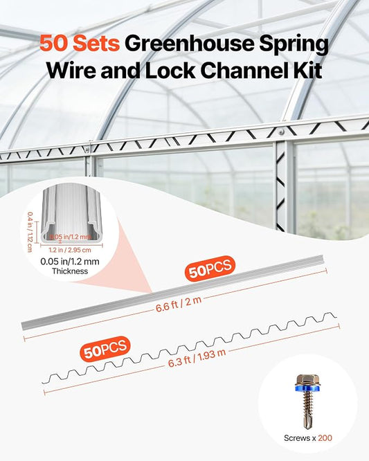 VEVOR Greenhouse Spring Wire and Lock Channel, 50 Packs 6.56 ft PVC-Coated Wiggle Wire & Aluminum Alloy Channel Bundle Kit with Included Screws, 0.05 in Thickened, Poly Film & Shade Cloth Attachments