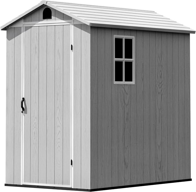 Greesum 4x6FT Plastic Storage Shed with Floor, Resin Outdoor Storaged Sheds with Lockable Door, All Weather Tool Shed with Window and Vent, Easy Assembly for Garden, Patio, Yard, Light Gray