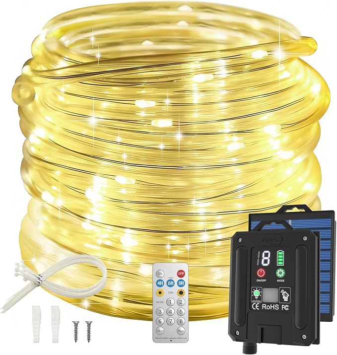 ICRGB Solar Rope Lights Outdoor, 66FT 200LED Christmas Fairy Light with Remote, IP67 Waterproof Solar String Lights, Timing & 8 Modes, Outdoor Light for Garden Patio Porch Pool, Warm White