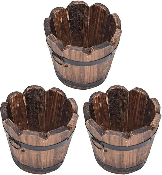 3 Pcs Rustic Wooden Bucket Flower Planter Patio Garden Backyard Planter Outdoor Indoor Home Decor