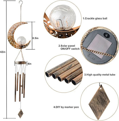 Solar Moon Wind Chimes for Outside Color Changing Unique Birthday Mom Gifts for Women Mom Grandma Crackle Glass Ball LED Wind Chimes Solar Lights Outdoor Garden Decor Light for Patio Yard Backyard