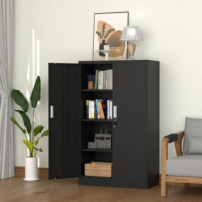 iJINGUR Metal Storage Cabinet with Locking Doors and Adjustable Shelves, 53.5-Inch Tall Lockable Storage Cabinets for Home Office Garage Kitchen Pantry (Black)