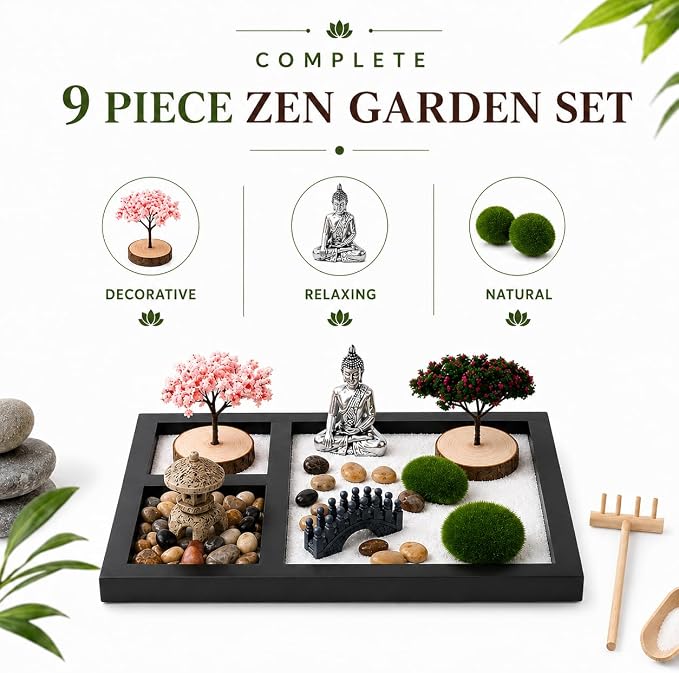 Zen Garden for Desk - Mini Tabletop Zen Garden with Buddha Decor | Black tray with Buddha, bridge, moss & pebbles. Decorative Zen display for office desks, shelves, meditation & home décor.