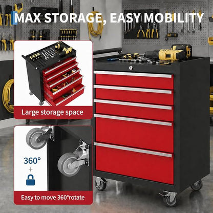 IDEALHOUSE Rolling Tool Chest, 5 Drawers Tool Storage Cabinet, Toolbox with Wheels, Portable Tool Cabinet Organizer with Locking System & Drawer Liners, Tool Storage Cart for Garage, Workshop