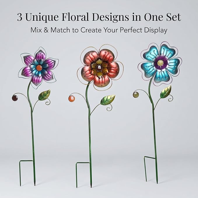 Garden Stake Outdoor Plant Pick Cute Metal Flower Stick Art Ornament Decor Lawn Yard Patio,3 Set