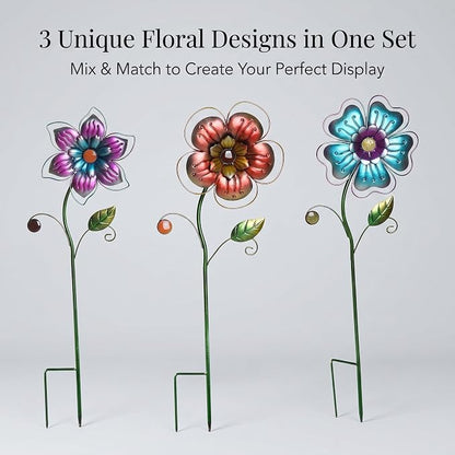 Garden Stake Outdoor Plant Pick Cute Metal Flower Stick Art Ornament Decor Lawn Yard Patio,3 Set