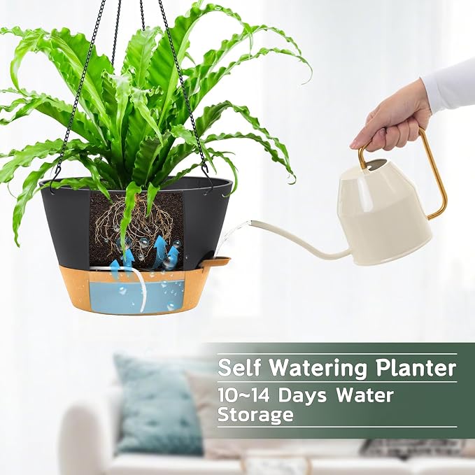 ZMTECH 3 Pack 12 Inch Hanging Planters for Indoor Plants, Large Self Watering Hanging Planter with Visible Water Level & Heavy Duty Chain, Dark Gray Outdoor Flower Pots