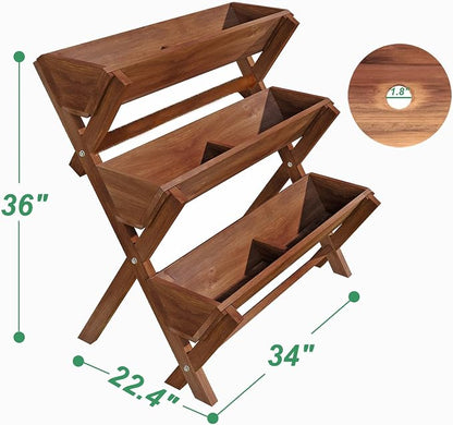 3 Tier Vertical Garden Planter,Raised Garden Bed,Planter Box,Fir Wood Freestanding Elevated Herb Stand Tower,Flower Strawberry Vegetable with Drain Holes,35x22x36 Inches, for Outdoor,Brown