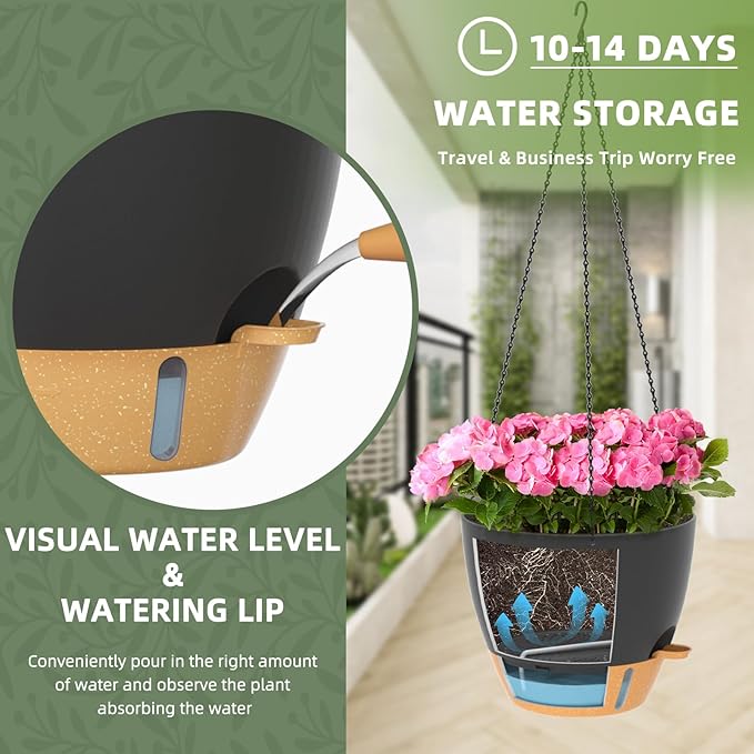 ZMTECH 12 Inch Large Self Watering Hanging Planters for Indoor Outdoor Plants - Water Level Indicator & Removable 60 Oz Reservoir, 1 Pack Plastic Hanging Basket for Window Porch Garden Balcony, Black
