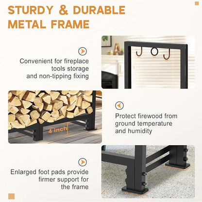 4ft Firewood Rack Outdoor with Waterproof Widened Cover, Heavy Duty Firewood Holder, Powder-coated Wood Rack with Hooks, Firewood Storage Rack for Fireplace Deck Patio