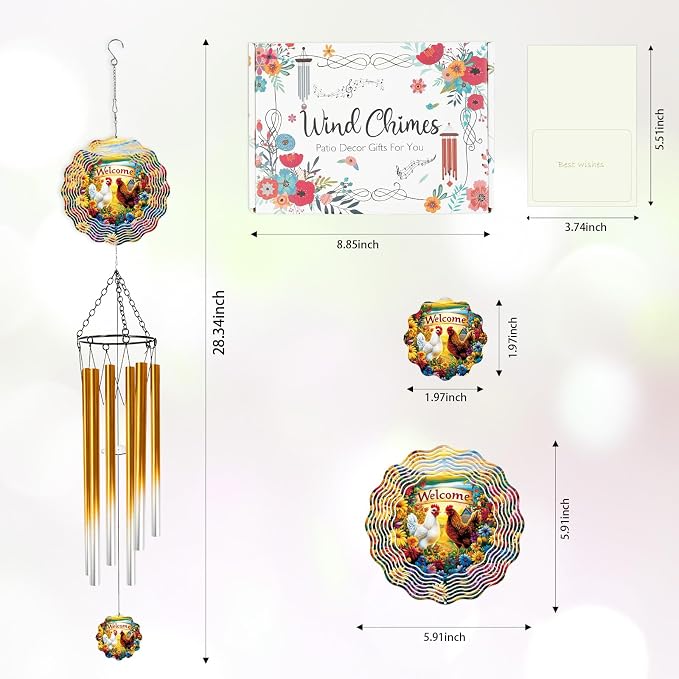 Chicken Wind Chimes for Outside with Wind Spinner, Summer Garden Patio Yard Porch Decor, Floral Hen Wind Chime with Gift Box, Summer Birthday Housewarming Gifts for Women Grandma Nana
