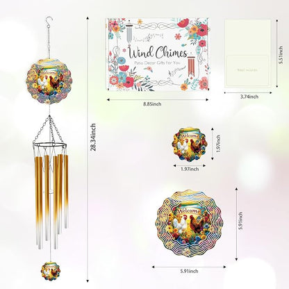 Chicken Wind Chimes for Outside with Wind Spinner, Summer Garden Patio Yard Porch Decor, Floral Hen Wind Chime with Gift Box, Summer Birthday Housewarming Gifts for Women Grandma Nana