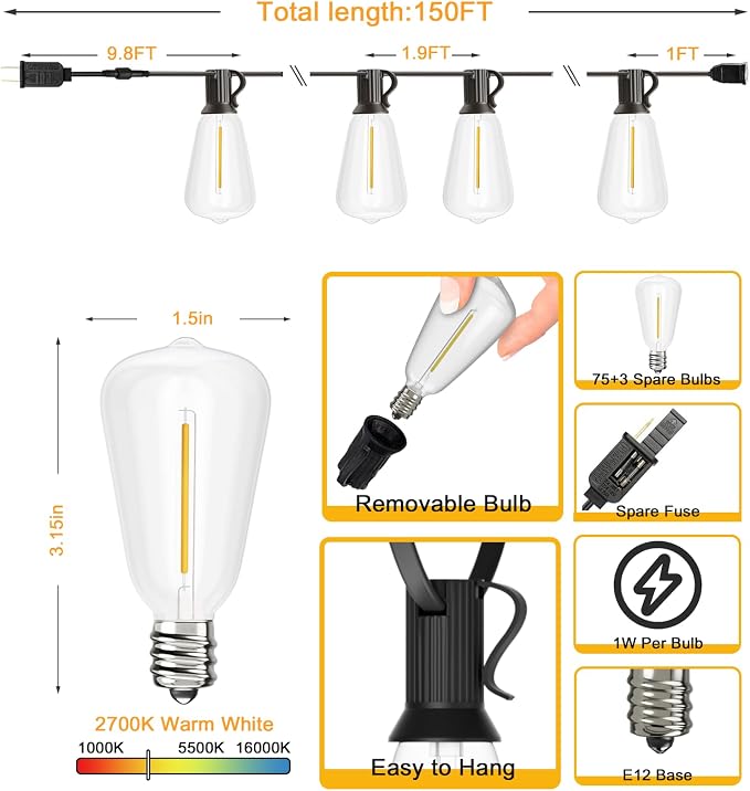 Svater Outdoor String Lights 150 FT, Waterproof Outside Light 78 Bulbs | Patio Hanging Lighting, Connectable For Bistro Cafe Market Backyard, Shatterproof ST38 Dimmable Edison LED Bulb, 2700K