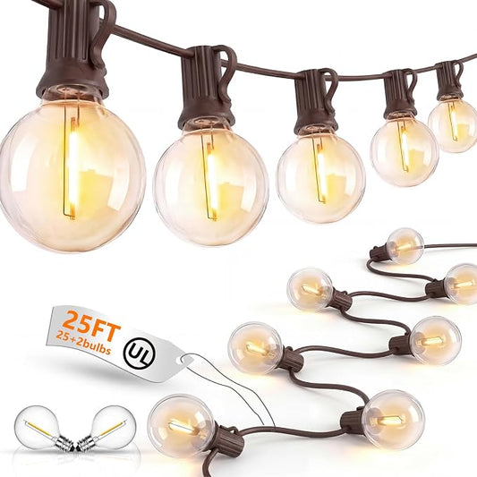 GOOTHY 25Ft Outdoor LED String Lights with 25 Shatterproof G40 LED Clear Globe Bulbs, Edison Vintage Bulbs Hanging Sockets, Decorative Lighting for Café Patio Porch Party Yard Christmas-Brown Wire