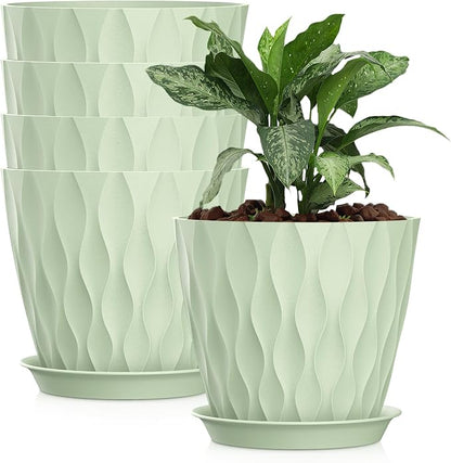 8 Inch Plastic Plant Pots,Set of 5 Flower Pots,Planters with Drainage Holes & Saucers, Indoor Outdoor Garden Pots for Home Decor(Green)