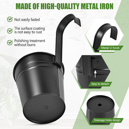 OBTANIM 12 Pack Metal Hanging Flower Pots Railing Planter Outdoor Fence Hanging Bucket Plant Holder with Detachable Hooks Drain Holes for Home Garden Yard Decor (Black, 4 x 4 Inch)