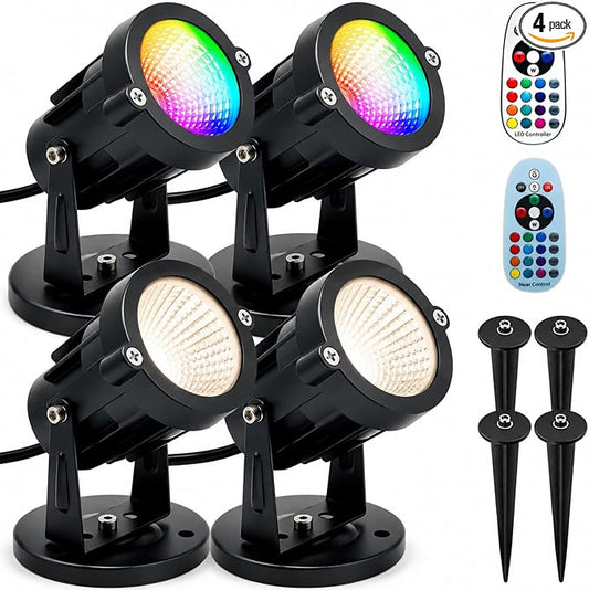 RGBW Landscape Lights 120V Plug in - 16 Colors & Modes Color Changing Metal Spotlights with Remote for Outdoor Yard Garden Pathway Trees