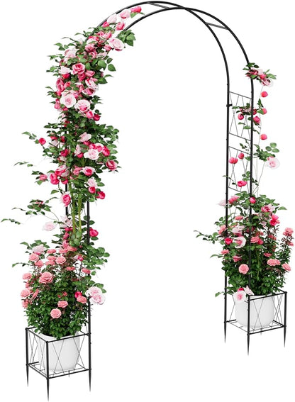 Heavy Duty Garden Arch Trellis for Climbing Plants Outdoor, Metal Garden Arbors Archway Arched Trellis with Planter Boxes, Wedding Arches for Ceremony Arch Backdrop Stands for Party Decorations, Black