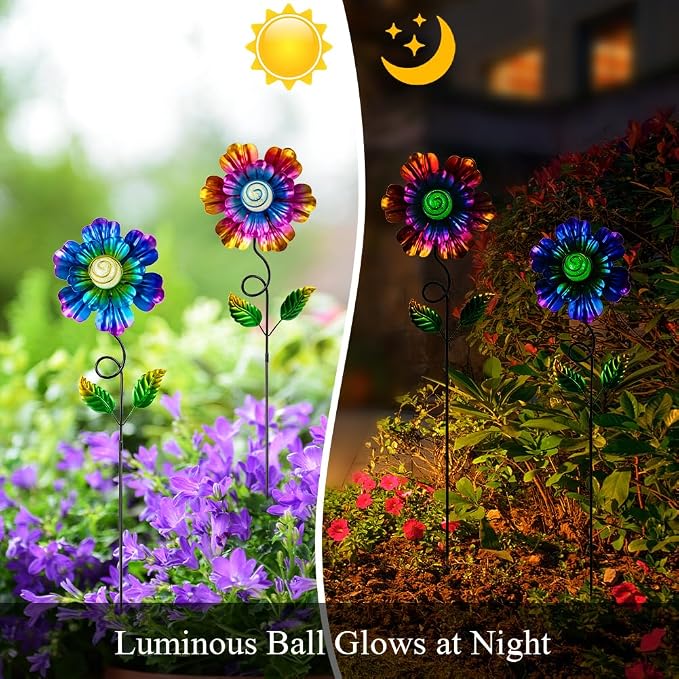 Metal Flowers for Outside, 2 Pack 25'' Flower Decorative Garden Stakes for Spring Yard Decor, Flower Metal Yard Art for Porch Fence Patio Garden Decor (Yellow & Purple)
