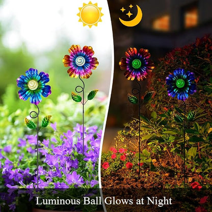Metal Flowers for Outside, 2 Pack 25'' Flower Decorative Garden Stakes for Spring Yard Decor, Flower Metal Yard Art for Porch Fence Patio Garden Decor (Yellow & Purple)