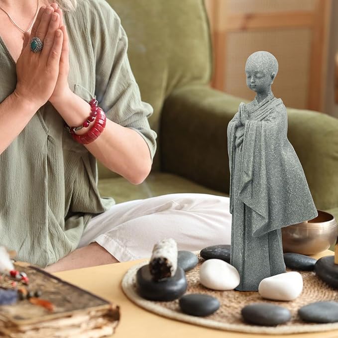Stone Buddha Statue for Home, Meditating Monk Statue with Praying Hands, Exquisite Asian Zen Decor for Home/Office (5.3 Inch)