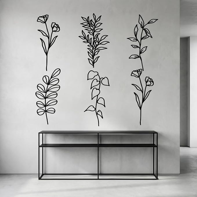 Moxweyeni 6 Pieces Metal Wall Art Minimalist Line Decor Flower Black Botanical Leaf Metal Art Modern Natural Floral Line Wall Decorations for Bedroom Living Room Bathroom Kitchen Outdoor