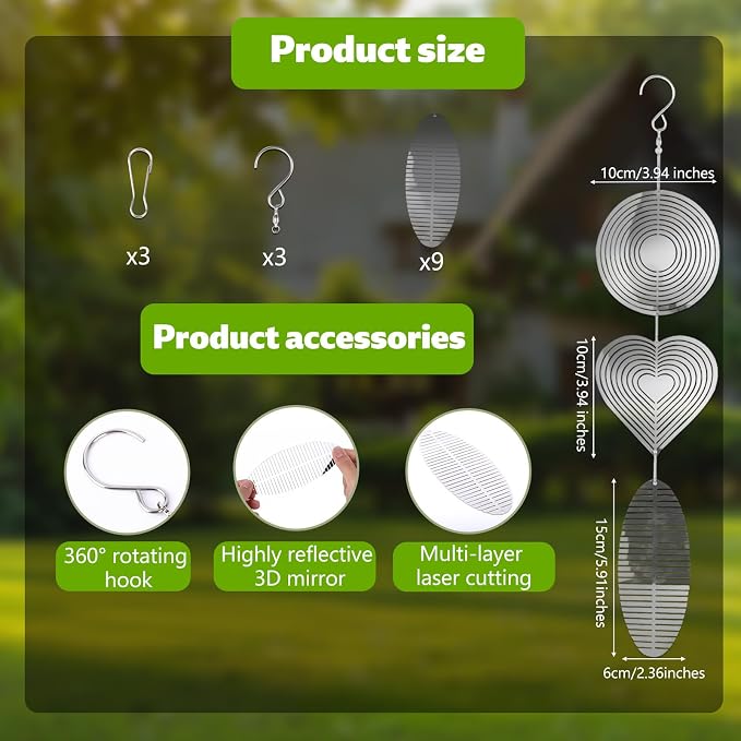 3 Sets Bird Frighten Devices for Outside, 3D Reflective Stainless Steel Wind Spinners Discs Bird Reflectors to Keep Woodpeckers, Pigeons Away from Window House Patio Yard Orchards