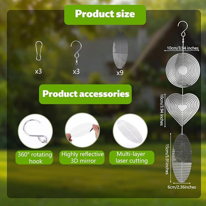 3 Sets Bird Frighten Devices for Outside, 3D Reflective Stainless Steel Wind Spinners Discs Bird Reflectors to Keep Woodpeckers, Pigeons Away from Window House Patio Yard Orchards