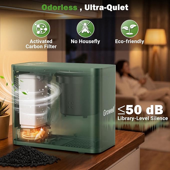 Growell Electric Composter for Kitchen, 3.2L Smart Odorless Compost Bin, Low Noise & Odorless, Indoor Countertop Food Waste Composter with LED Display, One-Touch Operation, Auto-Cleaning, EC04 (Green)