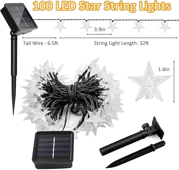 4th of July Twinkle Solar Star String Lights Outdoor 39FT/100L Fairy Lights | Red White and Blue 8 Modes Independence Day President Day Memorial Day