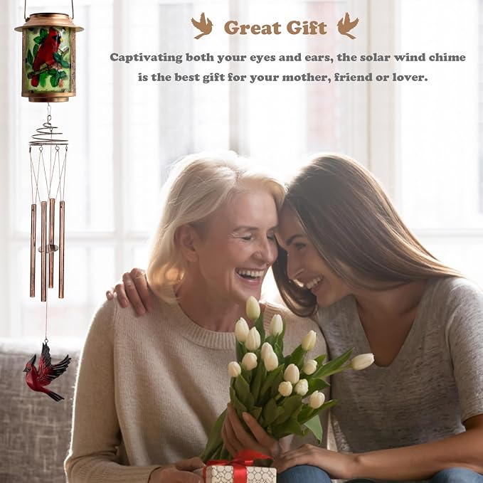 Solar Wind Chimes for Outdoor, Cardinal Garden Decorations Memorial Wind Chimes Deep Tone, Sympathy Windchimes for Outside Garden Décor, Gifts for Mom, Grandma-Cardinal