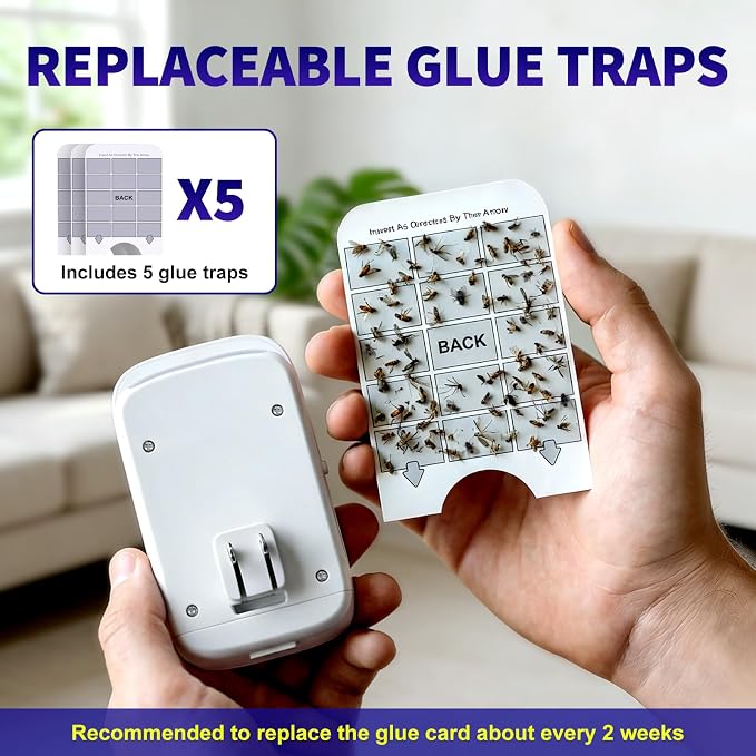 Upgraded Fruit Fly Traps for Indoors, Flying Insect Trap for Fruit Flies, Gnats, Plug in Bug Zapper Indoor with Dual-UV Lights & Trapping, Electric Grid & Glue Traps