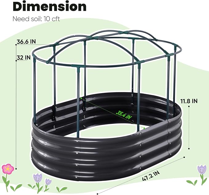 KING BIRD Raised Garden Bed with Cover Galvanized Oval Planter Garden Box Outdoor for Gardening, Vegetables, Flowers 4x3x1 Ft, White, GB-22W
