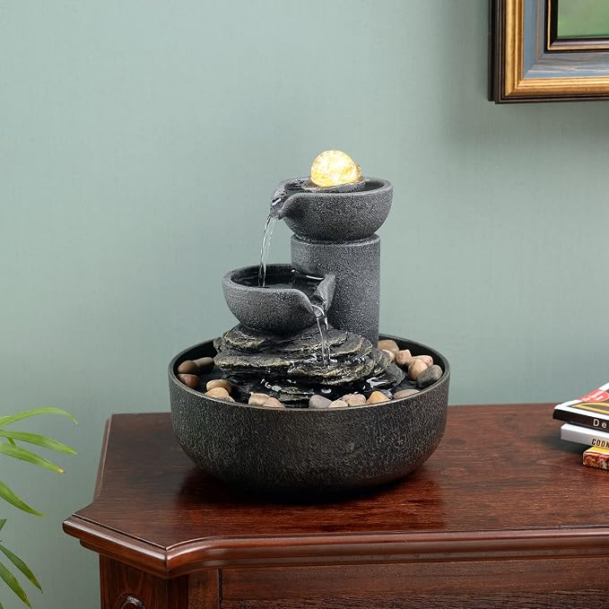 GOSSI Tabletop Water Fountain 2-Tier Indoor Waterfall Fountain with LED Light, Cobblestone & Glass Rolling Ball, Soothing Meditation Sounds for Office & Home Decor
