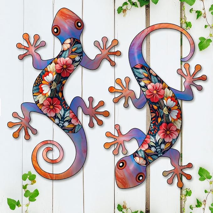 Outdoor Gecko Wall Decor, 2 Pcs Metal Gecko Wall Art Hanging Sculpture Decoration for Indoor or Outside, Garden Yard Fence Porch Decor
