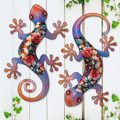 Outdoor Gecko Wall Decor, 2 Pcs Metal Gecko Wall Art Hanging Sculpture Decoration for Indoor or Outside, Garden Yard Fence Porch Decor