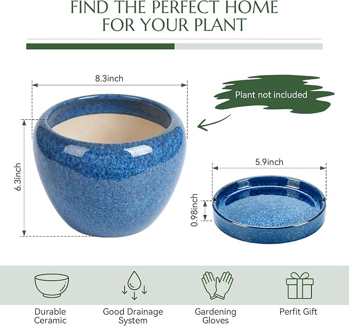 8.3 Inch Ceramic Planter with Saucer Leak-Proof Mesh &Drainage, Round Plant Pot with Gardening Gloves for Indoor Outdoor Plants (Sapphire Blue Glaze)
